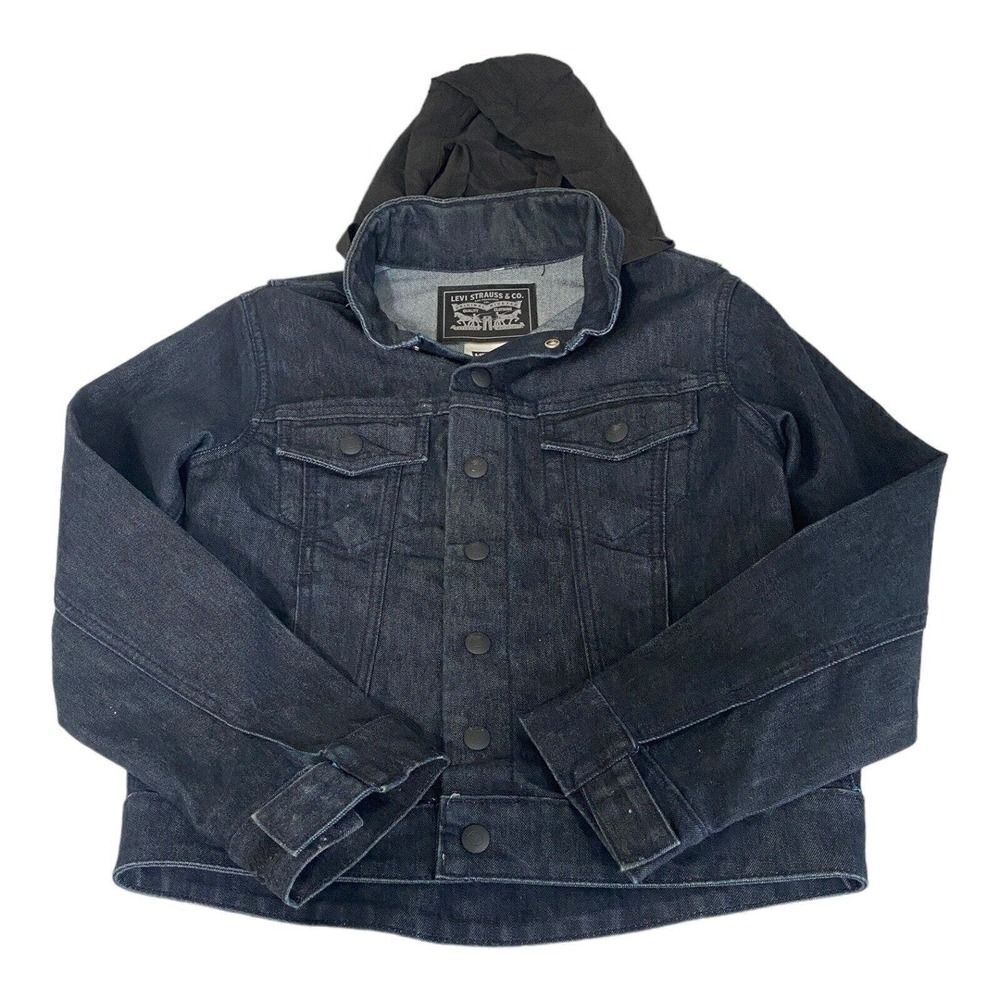 Levis Trucker Jacket with Hide -a- Way Hoodie Size L Dark Blue Logo Snaps Women - Picture 3 of 12